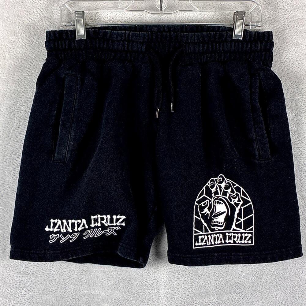 VTG Santa Cruz Shorts Mens S Black White Fleece Drawstring SoCal Surf Skate Y2K
